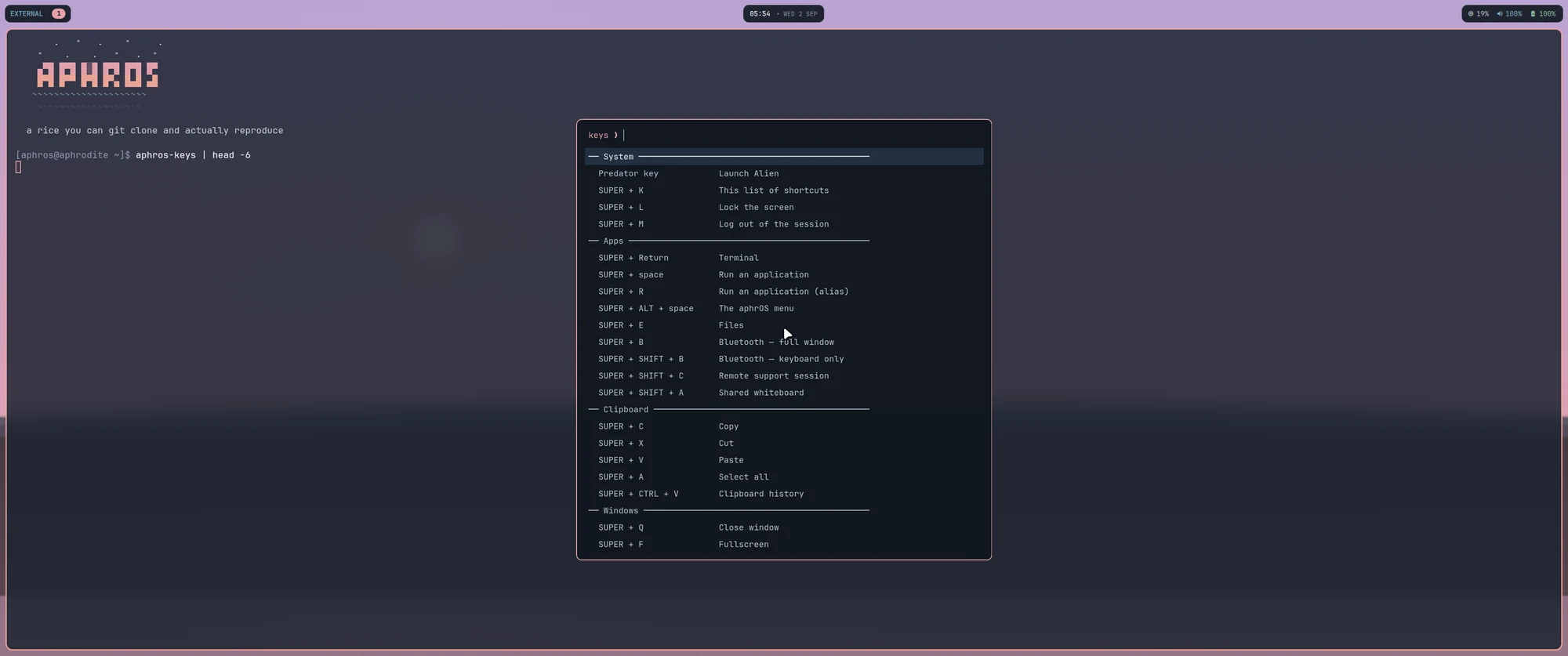 The aphrOS desktop: a dawn wallpaper, a floating status bar, and a terminal showing the aphrOS wordmark beside the keyboard-shortcut sheet.
