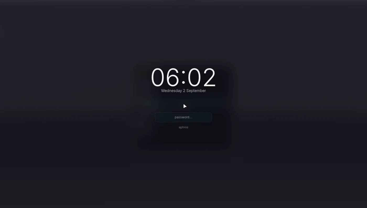 The aphrOS lock screen: a large clock over a dim background with a single password field.